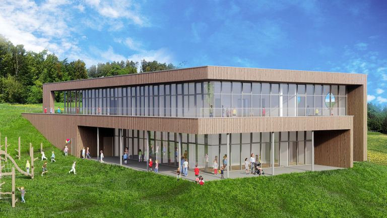 ARTiVO-Rendering, Kindergarten St. Bartholomä, Ansicht vorne, 1a